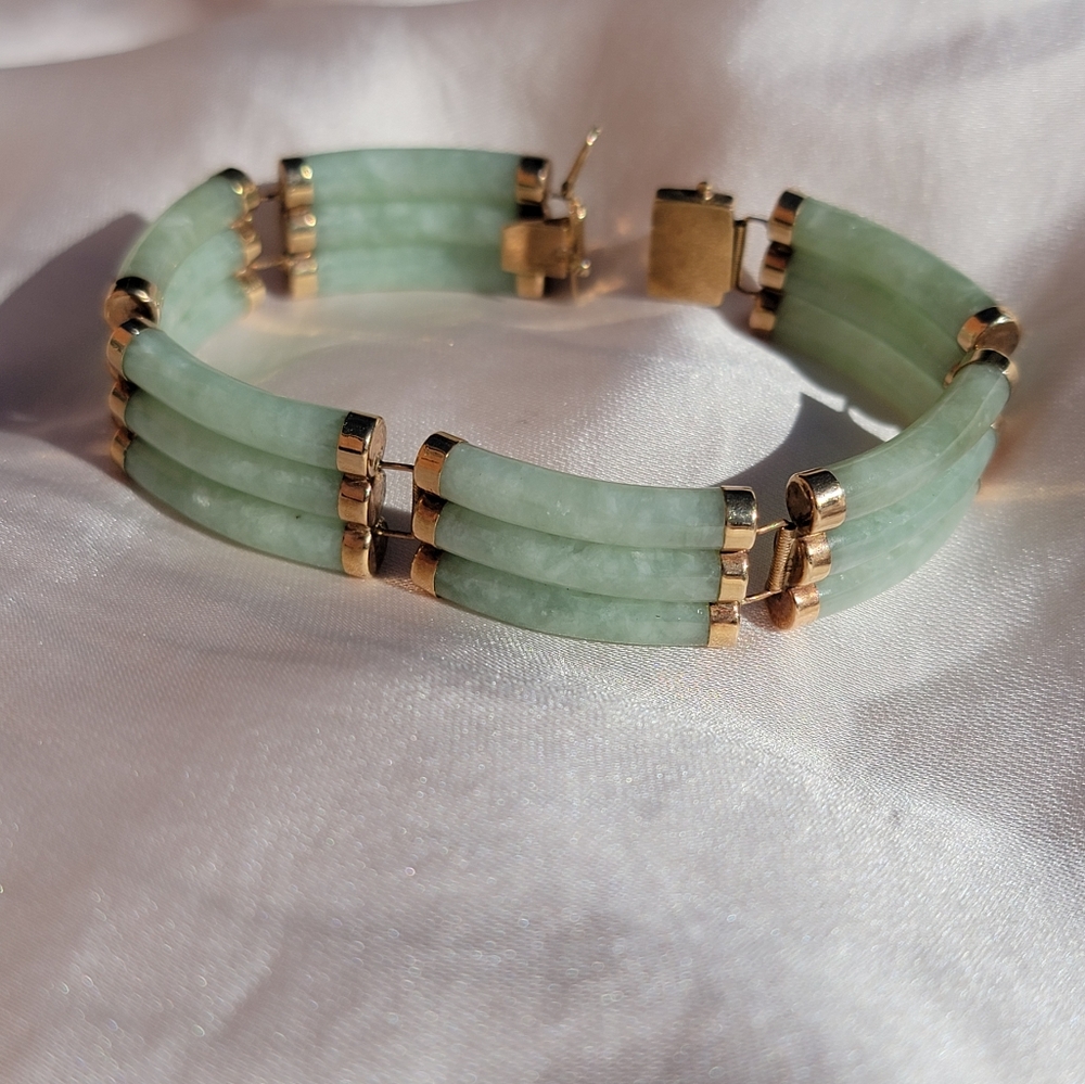 Triple Row Real Jade 14k Solid Gold Bracelet - Picture 5 of 6